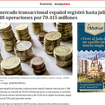 El mercado transaccional espaol registr hasta julio 1.548 operaciones por 70.415 millones